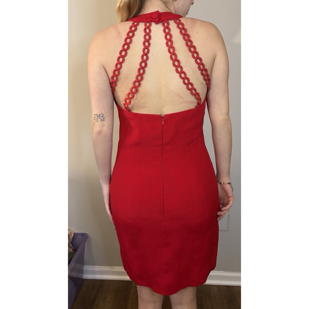 VTG NICOLE MILLER Red Sheath Cocktail Dress 12 Chain Detail 90's